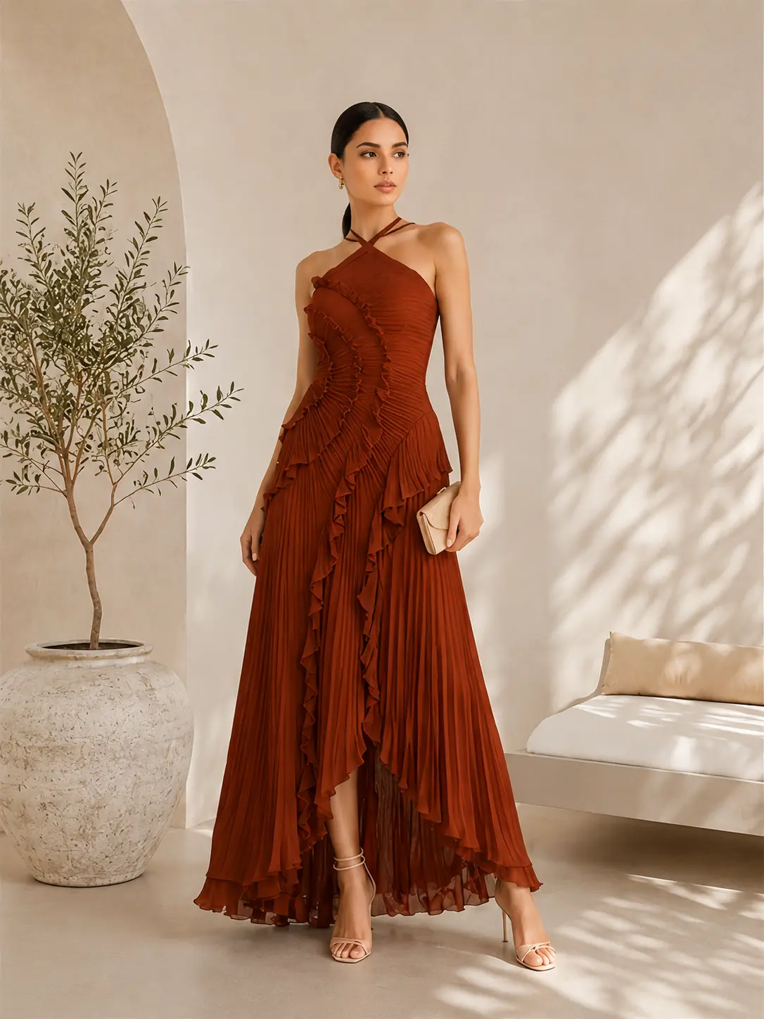Women's Sweet Sleeveless Ruffle Halter Midi A-Line Pleated Elegant Formal Dress (XS, Light Green, Holidate Blue Strap) - Wedding Guest Attire, Birthday Dress for Summer Pinup Occasions