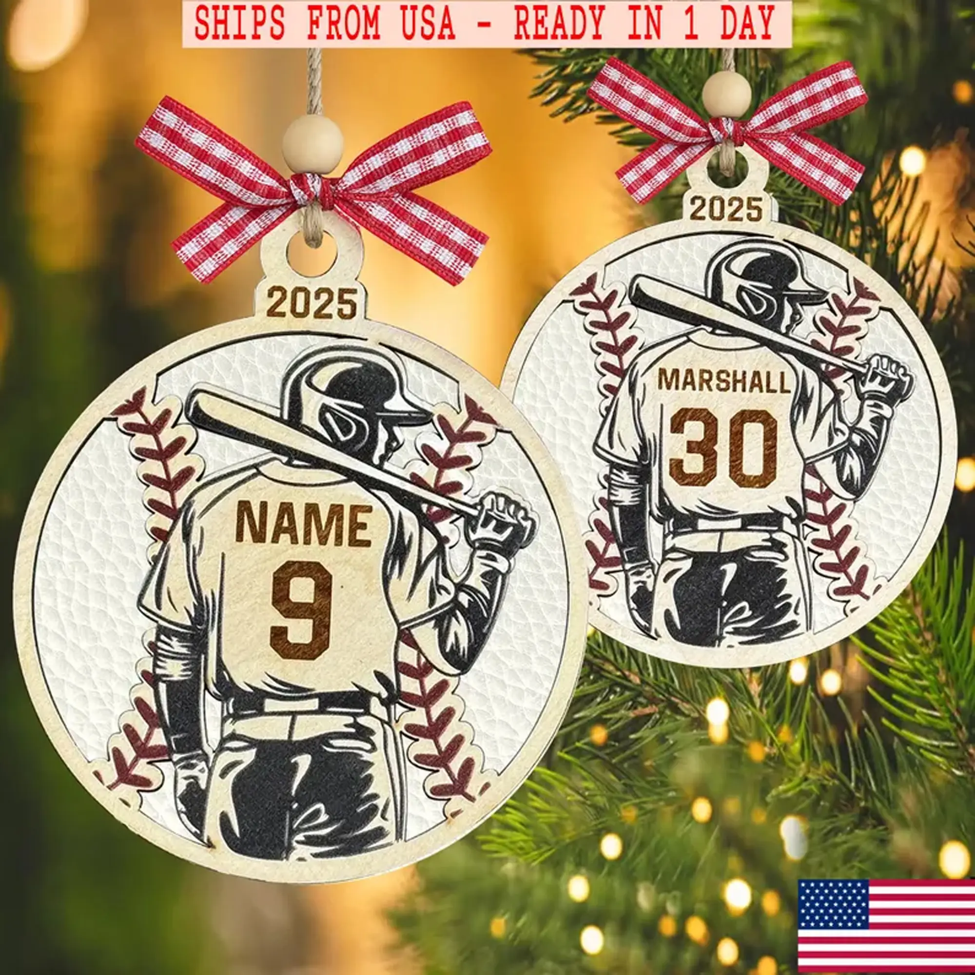 Custom Baseball Ornament 2025 Personalized Two-Layer Wooden Sports Christmas Tree Decoration with Name and Number Keepsake Gift from USA Ready in 1 Day