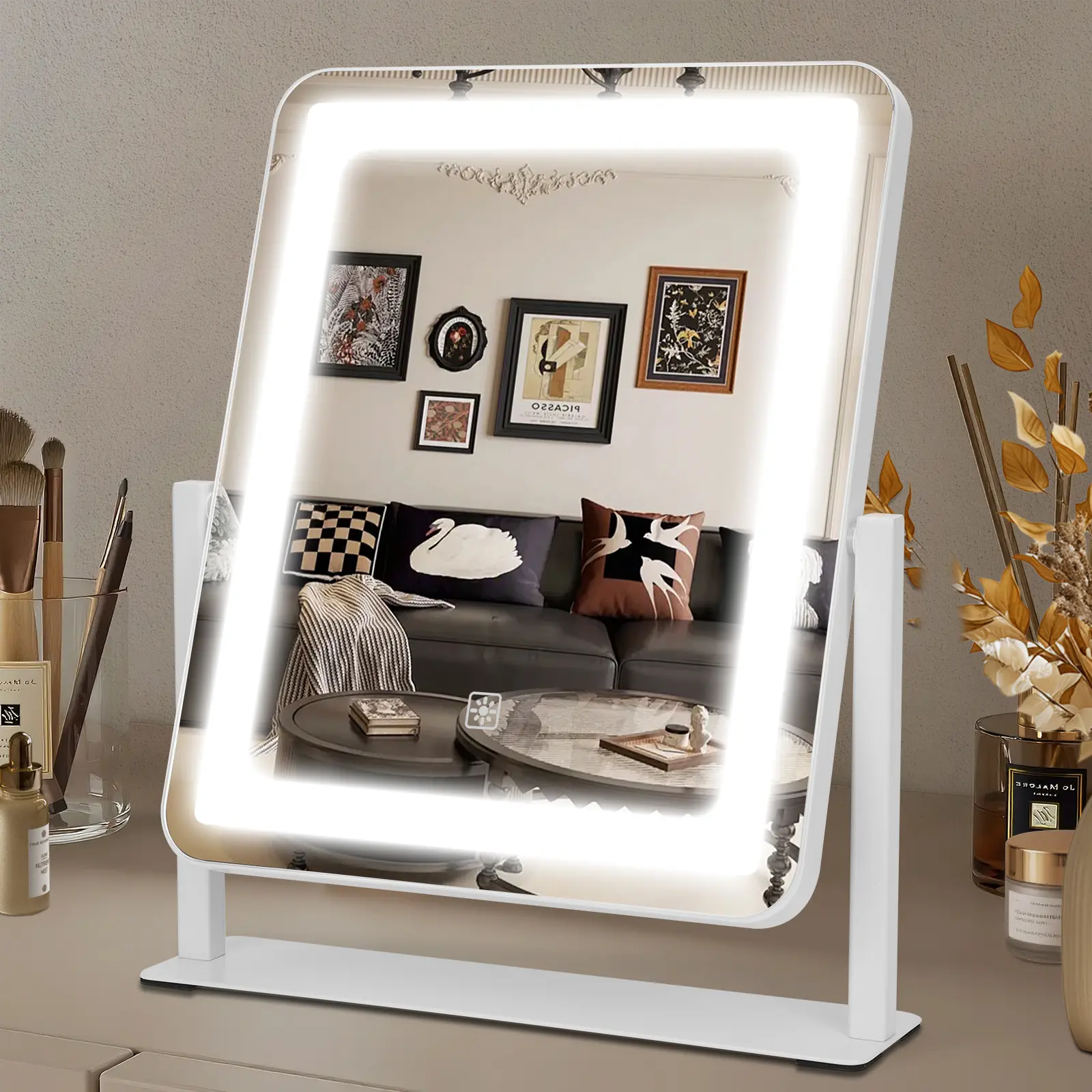 Bearolve Adjustable LED Vanity Mirror, 12.2"x15" Smart Touch Control Dimmable 3-Mode Lighted Mirror, Aluminum Frame Non-Slip Base for Makeup Desk & Bedroom, Ideal Gift Decor, Adjustable Led Mirror, Aluminum Frame Mirror