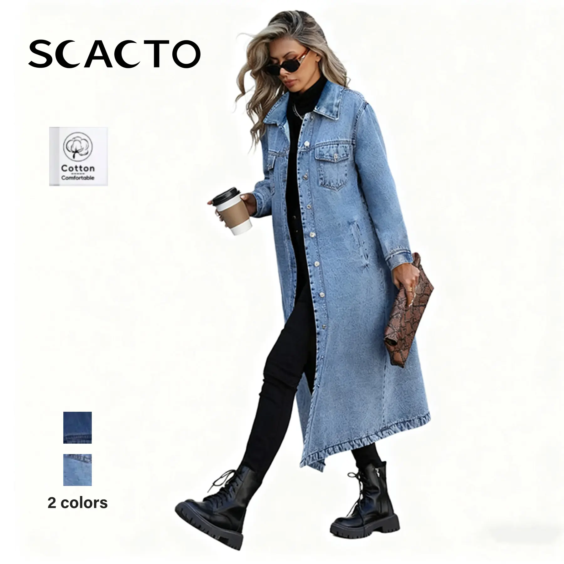 Scacto Women's Classic Long Denim Trench Coat, Collared Button-Front Outerwear for Elegant Basic Outfits, Lady
