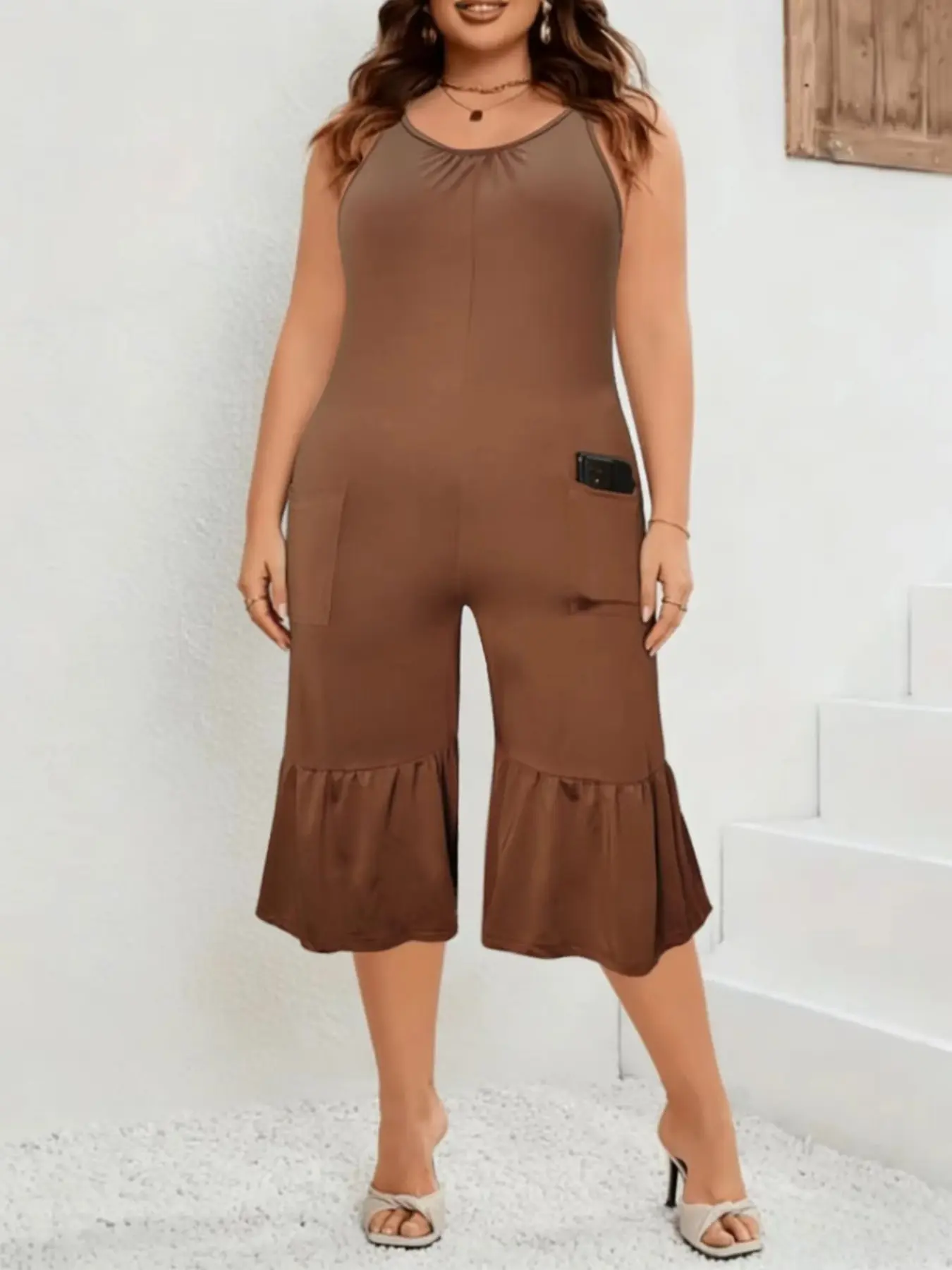 Plus Size Women's Strapless Romper, Loose Fit Wide Leg Ruffle Seven-Quarter Pants, Pocketed Casual Straight Leg Jumpsuit, Minimalist