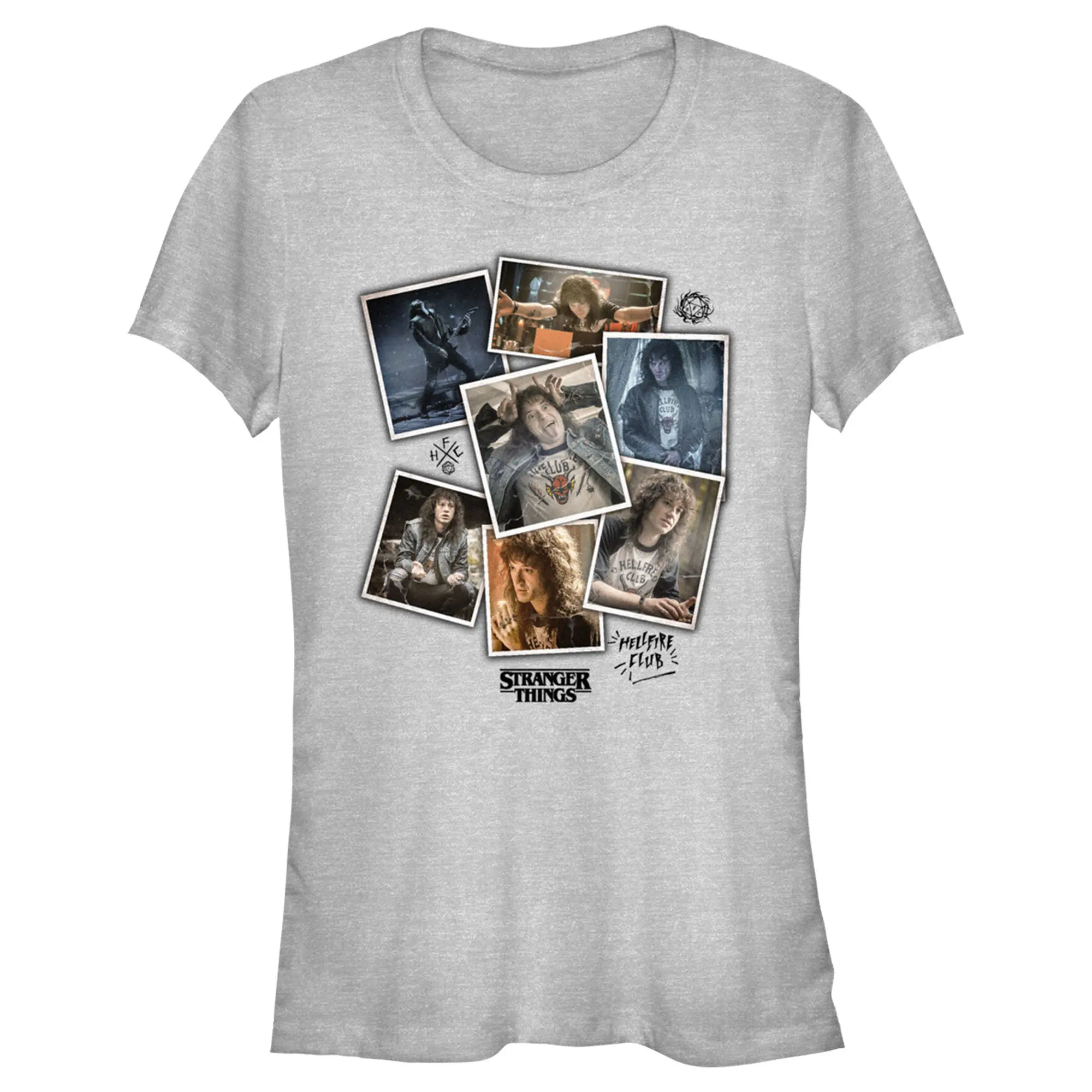 Juniors Womens Stranger Things Eddie Munson Photo Dump T-Shirt