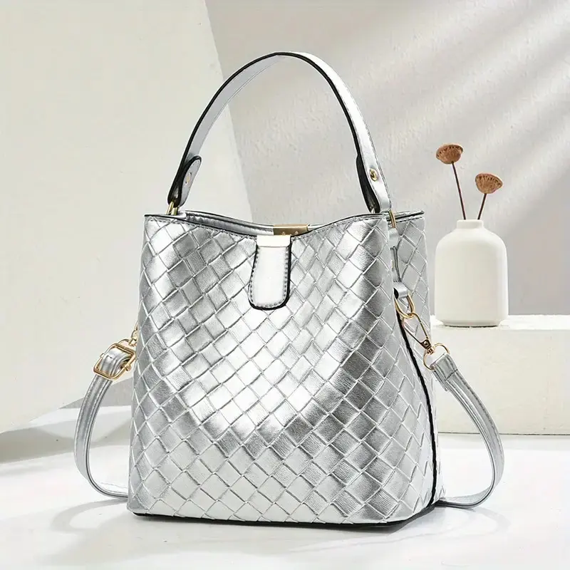 Silver Metallic Woven Bucket Bag, Retro PU Leather Crossbody Purse for Women with Adjustable Strap, Hand Bags, Retro Look, Woven Texture