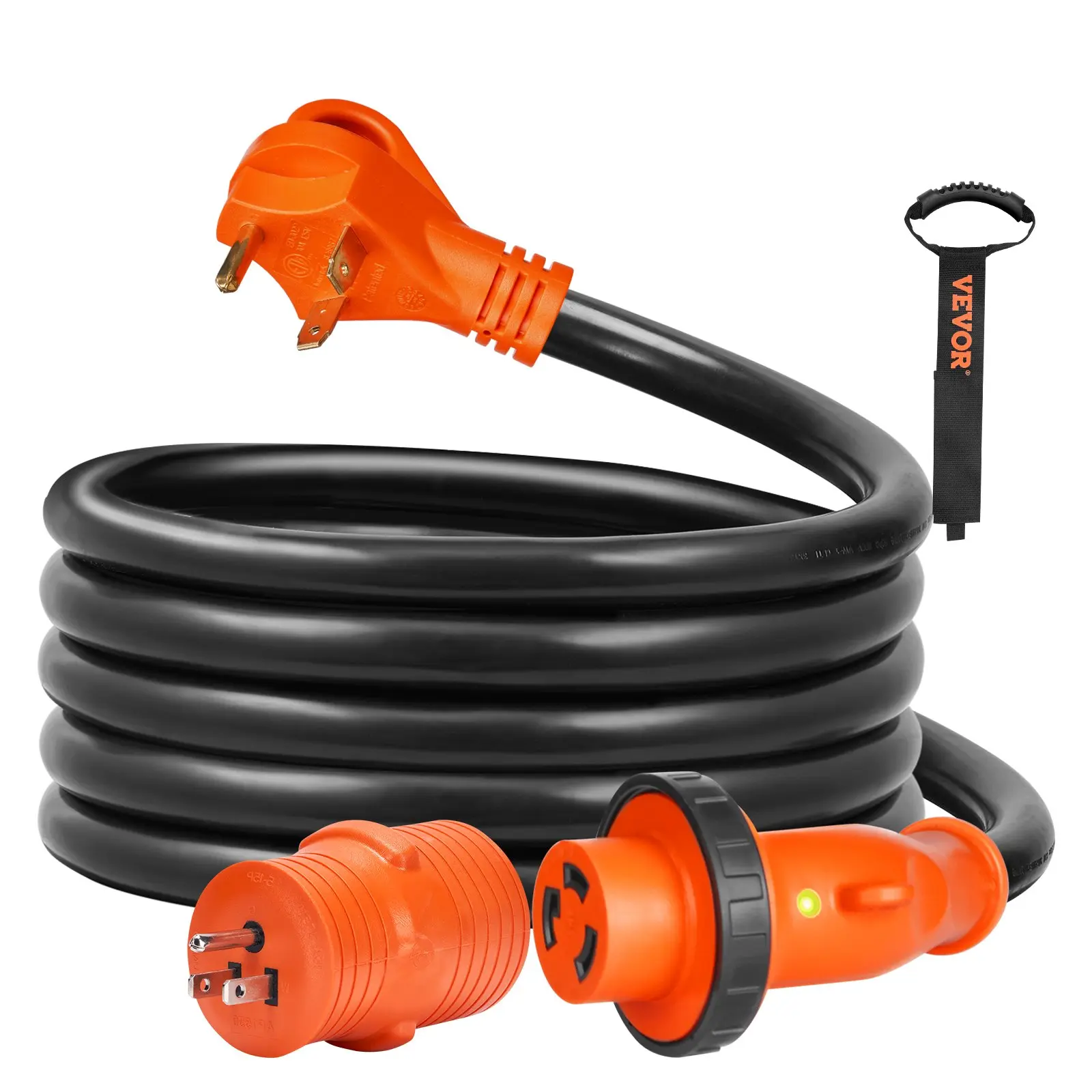 VEVOR 50 A 50 ft Heavy Duty STW RV Extension Cord with NEMA 14-50P Male/NEMA 14-50R Female Plug, LED Indicator Handle, 15A Adapter, Outdoor Tangle-Free Spool Cord Reels (Father's Day Gift for RVs, Generators)