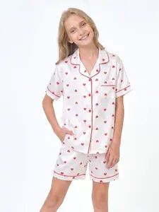 Kids White Red Heart Print 2 Piece Pajama Set Short Sleeve Satin Sleepwear for Boys & Girls, Ideal Kids Girl Stuff & Kids Stuff, Cute Teen Girl Clothes, Soft Comfy PJs 5-14, Polyester, Short Sleeves Pastel Cute Pajamas Soft Casual Pajamas