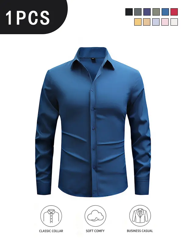 Men's Slim Fit Stretch Dress Shirt, Solid Color Wrinkle-Free Button Down Tops for Business Casual Work, Polyester, Plain