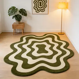 Olive green wave shaped carpet, Soft area rug, green white contrasting velvet floor mat, non slip and wear-resistant floor mat for living room, living room rug, retro natural decorative mat suitable for ins style/antique style home decoration