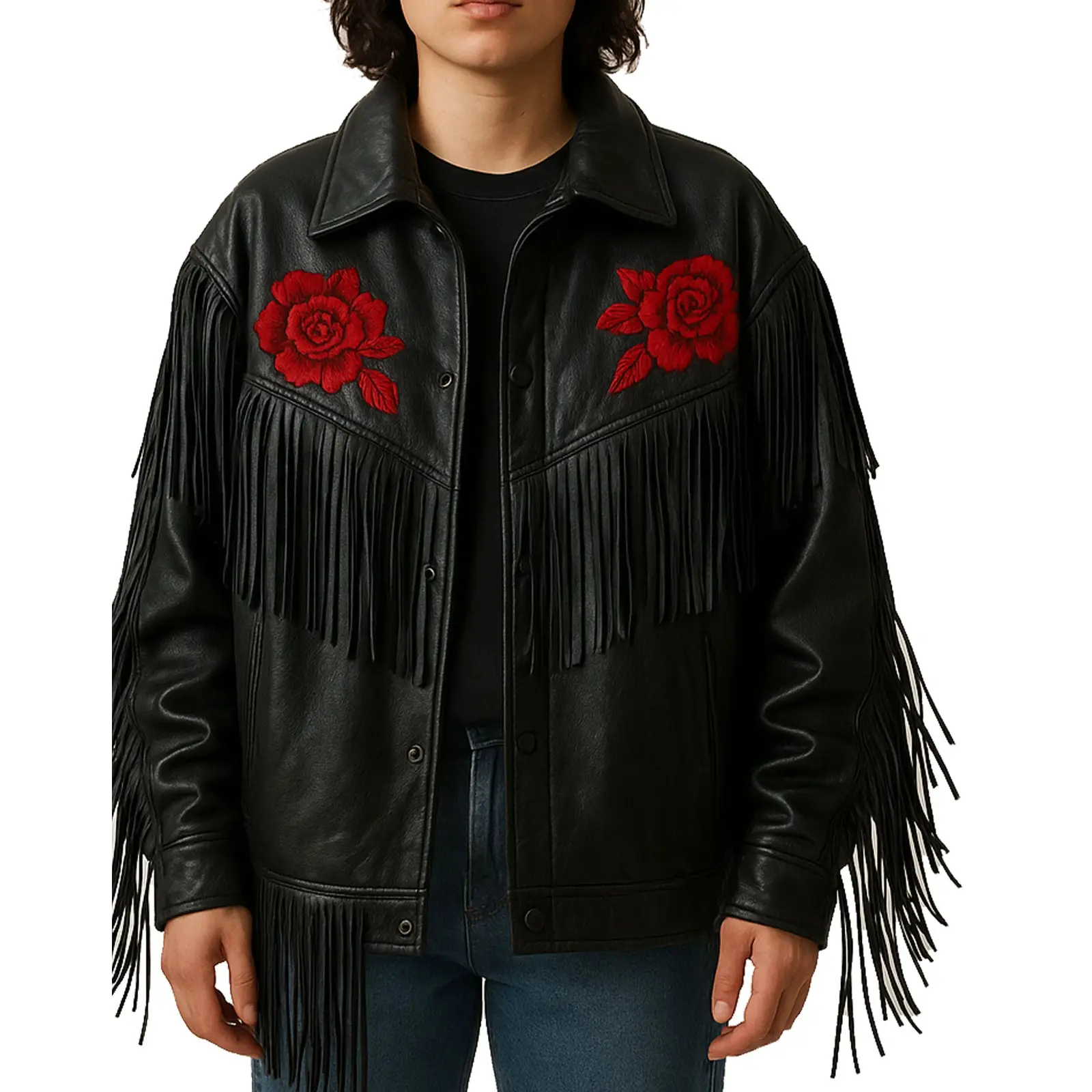 Women's Black Leather Fringe Jacket with Red Rose Embroidery