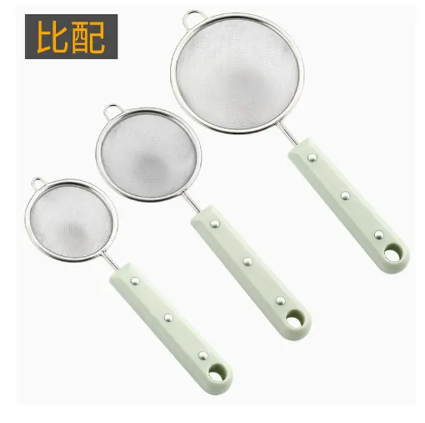 3 Pack stainless steel fine mesh strainer set, green handle design, different sizes for filtering tea, oil and soup