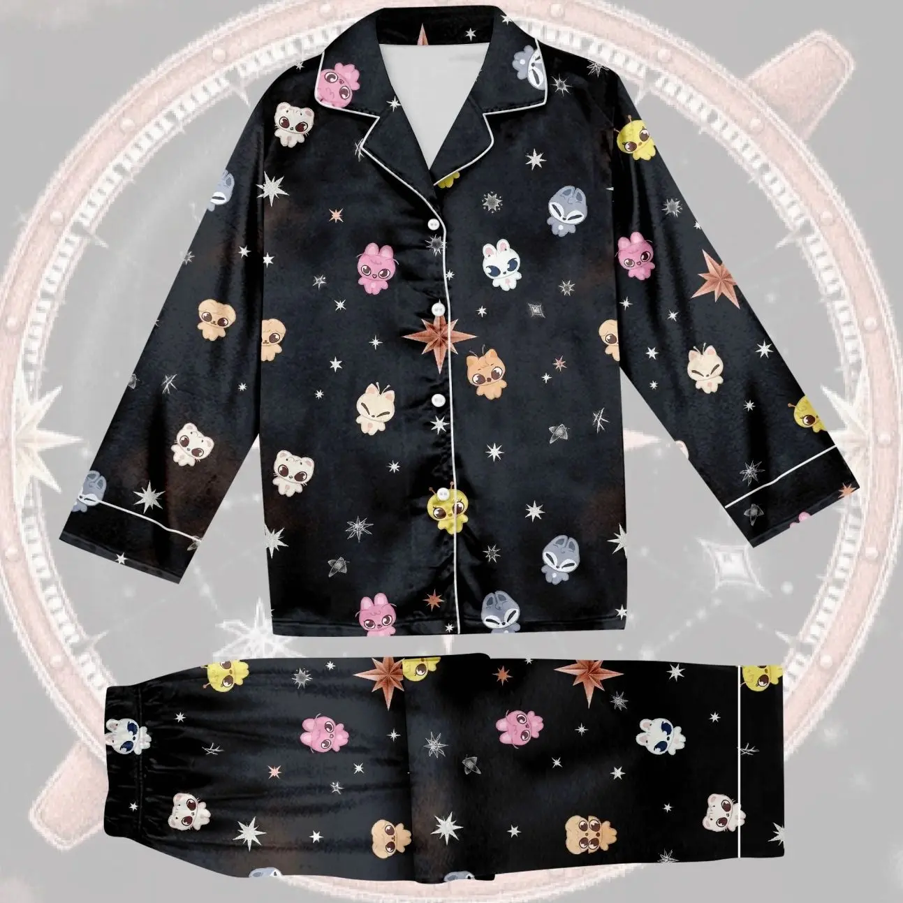 Cute Aliens & Stars Pajama Set, Kawaii Cosmic Print Matching Lounge Sleepwear, Soft Button Down Nightwear