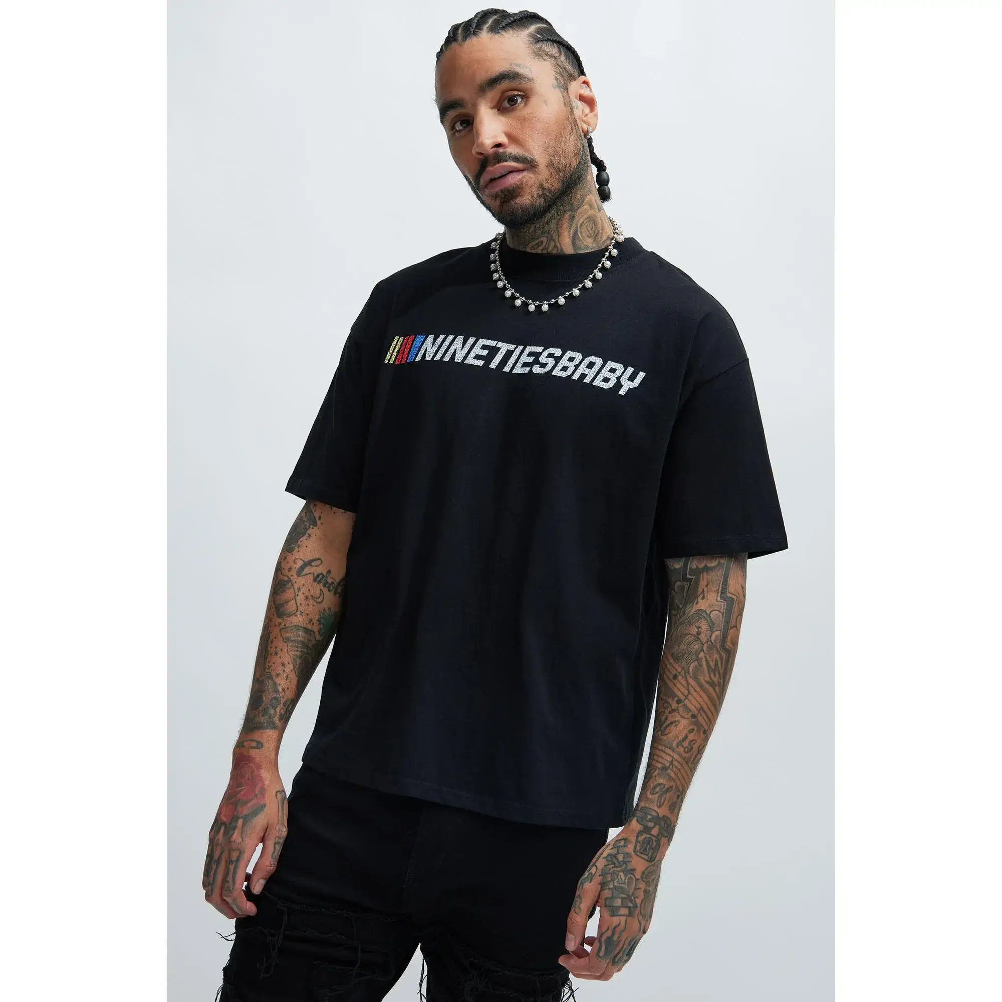 Men's Oversized Boxy Cotton Short-Sleeve T-Shirt - Menswear Apparel, Classic Round Neck, 90s Till Infinity Graphic Print, Relaxed Fit, Shoulder Tape, 3XL Seamless Casual Streetwear Top