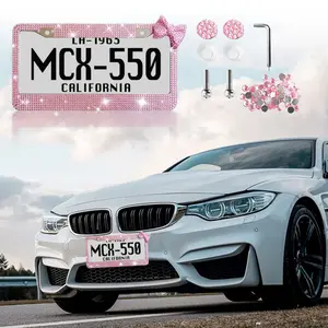 one pair Stunning Diamond Bow License Plate Frame – Perfect Gift for Car Decor Lovers Pink License Plate Protection Frame