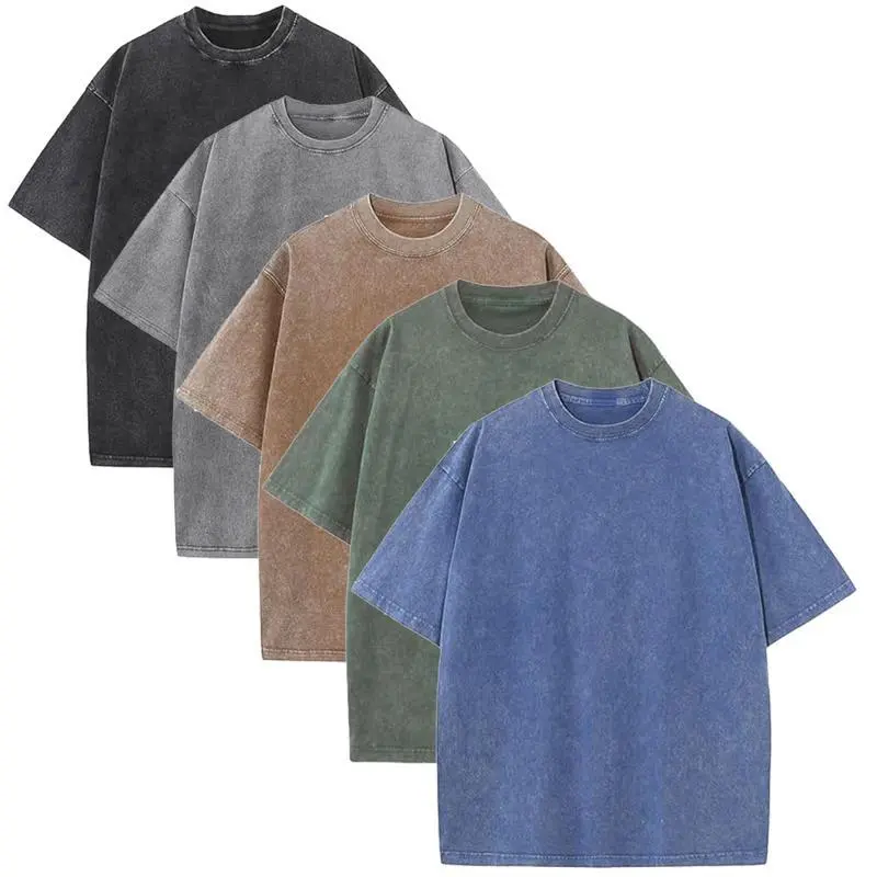 Men's 5-Pack Acid Wash Cotton Oversized T-Shirts - Casual Tops, Round Neck, Shortsleeve, Loose Fit Retro Streetwear with Street Style Drip
