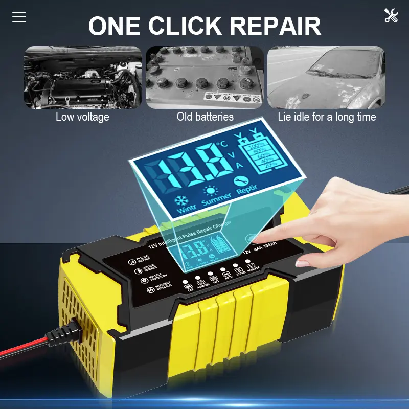 12V 6A Intelligent Pulse Battery Repair Charger, Fully Automatic Smart Car Battery Maintainer with LCD Digital Display, Multi-Stage Charging Desulfator for Lead-Acid Batteries of Car, Motorcycle, Truck, RV, Boat