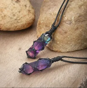 Natural Genuine Rainbow Fluorite Crystal Hexagonal Point Pendant Healing Reiki Men Women Free Spirit Necklace