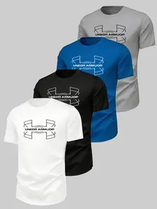 Men's 4-Pack Printed T-Shirts, Breathable Quick-Dry Sporty Short Sleeves, Ideal for Fitness, Daily Wear, Street Style, Summer Essentials