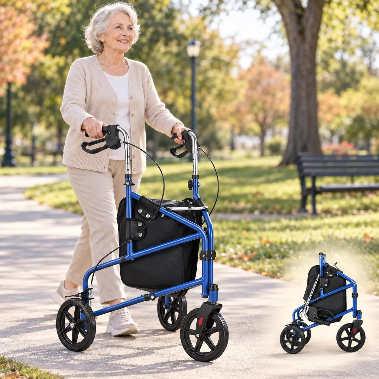 3-Wheel Rollator Walker for Seniors, Folding Carbon Steel Walking Aid with Adjustable Handles, Hand Brakes, 360° Swivel Front Wheel and Storage Bag, Blue height