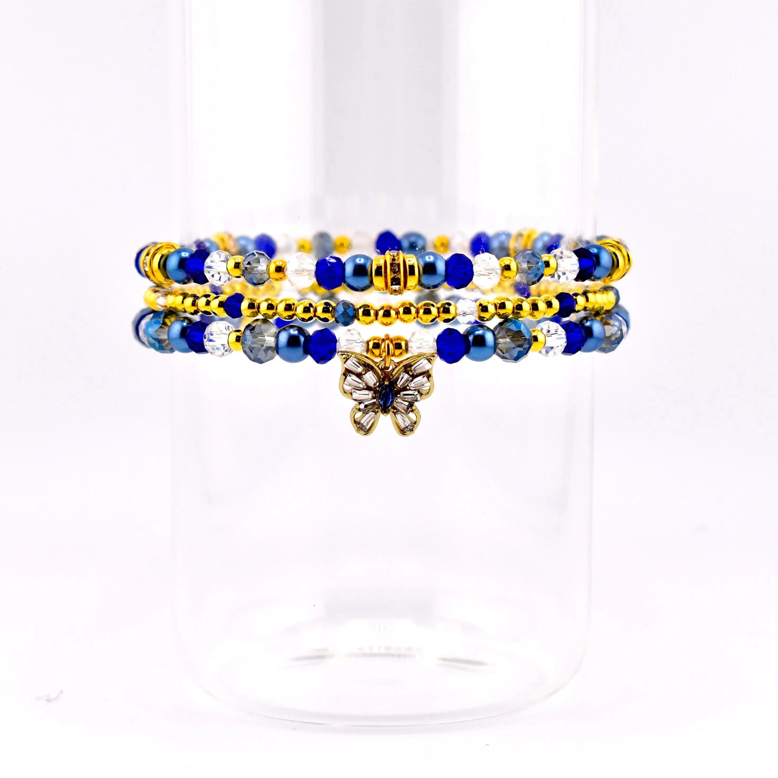 Blue and Gold Butterfly Charm Beaded Stack Bracelet Set - 3 Elastic Stretch, Gift-Ready Bracelets for Extra Small Wrists (6"-6.5"), Pu Leather, Choking Hazard Small Parts