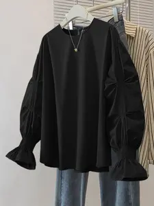 Women's Loose Plain Basic Shirt Blouse Top, Elegant Round Neck Long Sleeve Ruffled Cuffs, Casual H-Type Design, Suitable for Daily Commute and Travel, Womenswear Lady