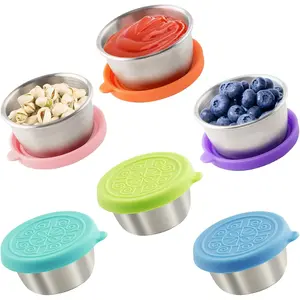 6/12 Piece Salad Takeout Containers, 1.7oz(50ml) Stainless Steel Sauce Cups with Leakproof Silicone Lids, Reusable Condiment Holders, Puree Food Storage, Food Storage Set, Kitchen Storage Containers