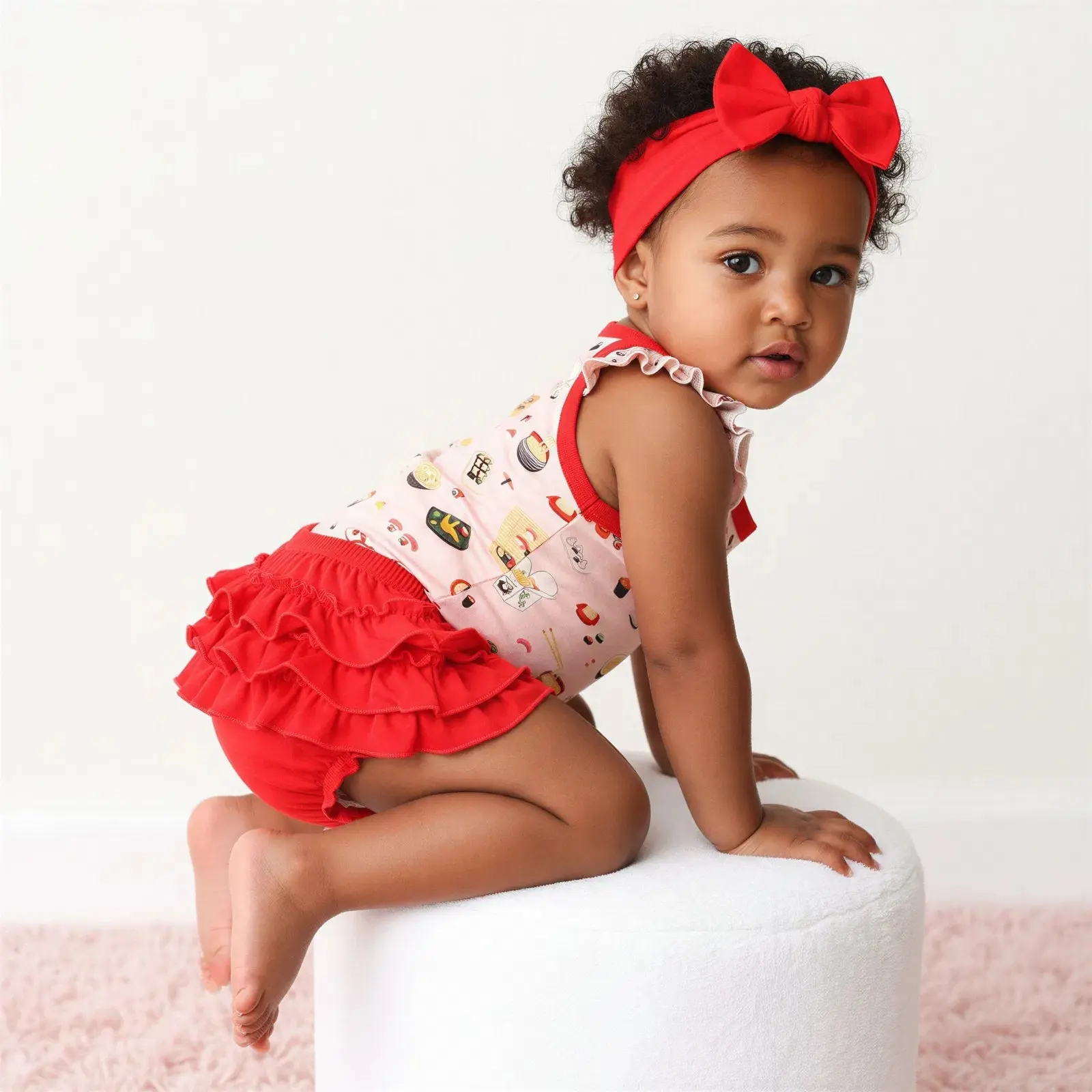 Bestaroo Miso Cute Ruffle Bloomer Set – Sushi & Ramen Print Onesie, Ruffle Bloomer & Headband, Soft Bamboo Stretch, Baby Girl Summer Outfit