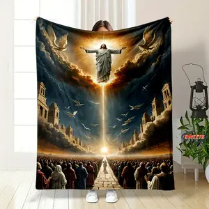 Merciful Jesus Christian God Flannel Art Blanket, Warm Soft Flannel Bed Blanket for Living Room Sofa Bedroom Decor Young Adults Men Women Boy Girl Gift Gifts