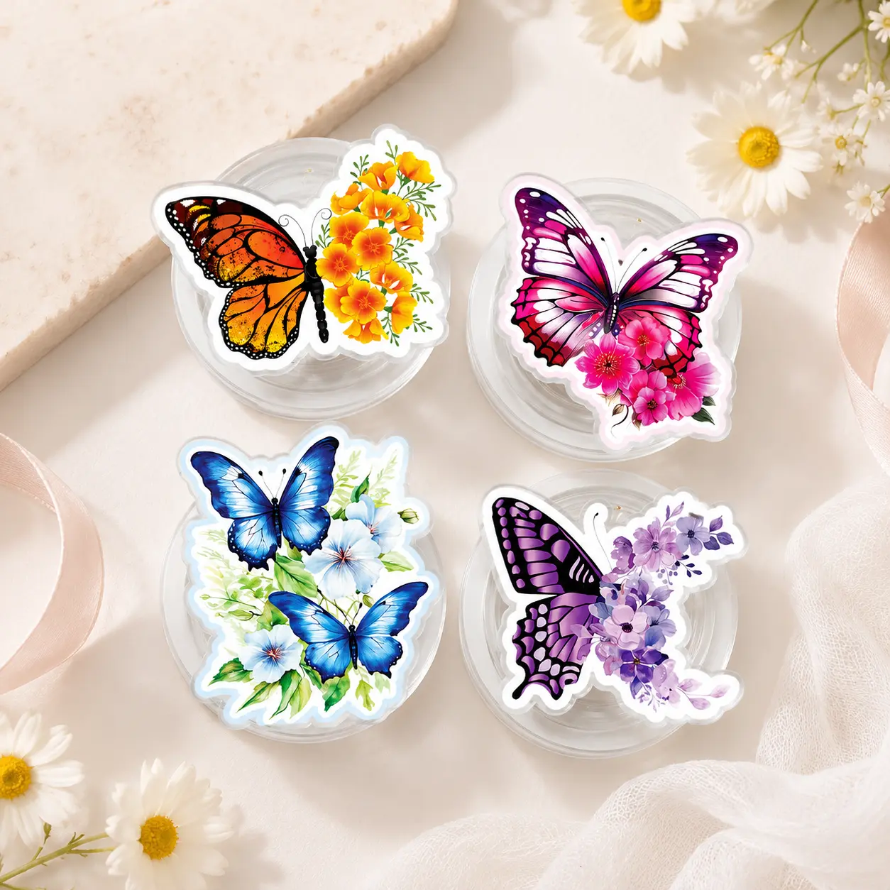 Flower Butterfly MagSafe Phone Grip, Cute Floral Magnetic Phone Holder, Botanical Phone Accessory, Pink Butterfly Pop Socket, Girly Gift Idea