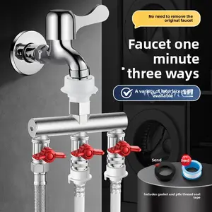 No need to disassemble the original faucet. Washing machine faucet splitter, one inlet three outlets with switch, 6-point quick-install buckle water diverter valve