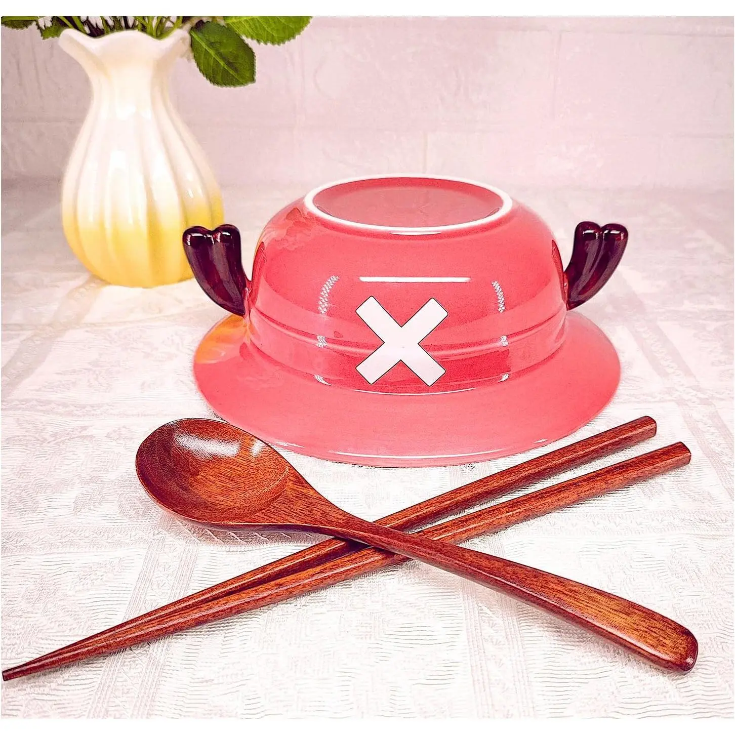 Anime Theme Pirate Crew Ceramic Straw Hat Tableware Set with Cutlery, Utensils, 7.5in Anti-Slip Grip Thick Ceramic Bowls Set, Spoon & Chopsticks for Everyday Ramen, Home-Cooked Meals
