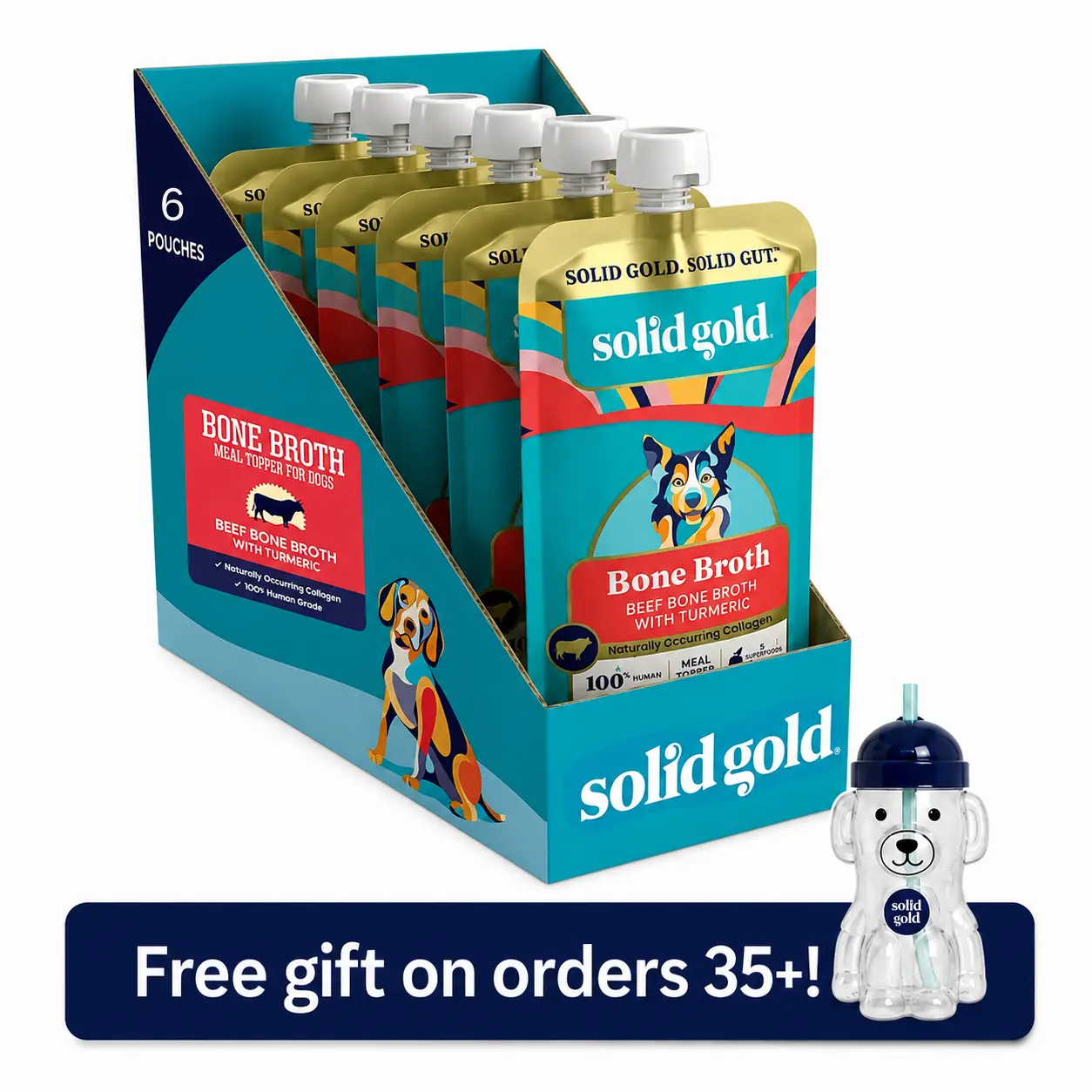 Solid Gold Bone Broth Topper for Dogs - Nutrient-Rich Flavor with Turmeric for Picky Eaters - Made in USA - 6 Pouches