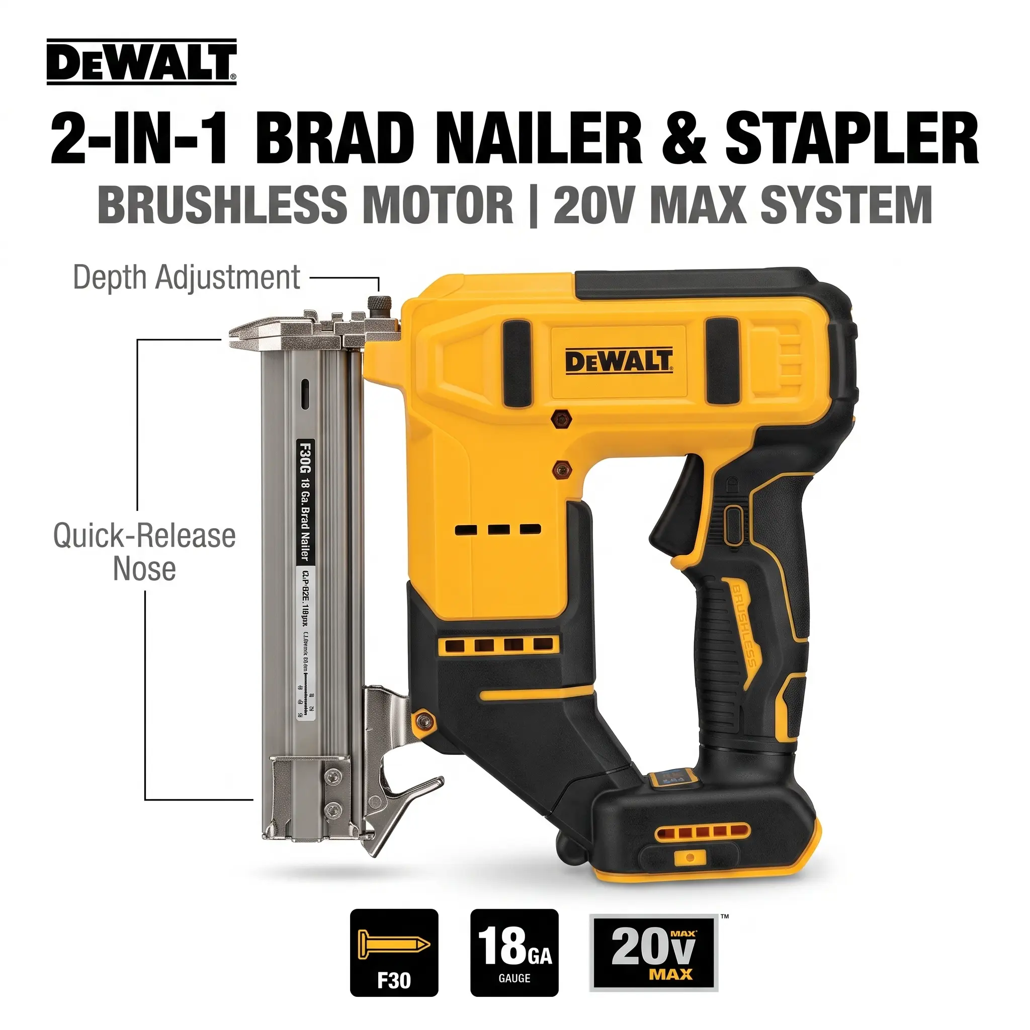 DEWALT F30 20V MAX Compatible 2 In 1 Cordless Brad Nailer & Stapler, Brushless 18GA Finish Nail Gun with Dual Firing Modes & Depth Adjustment for Trim, Baseboard, Cabinet, Furniture & Woodworking
