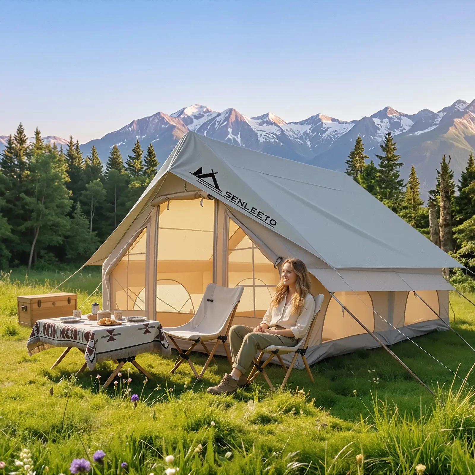 10-Person 4-Season Inflatable Instant Cabin Tent - Family Sturdy Outdoor Shelter, 129 Sq Ft Heavy Duty Camping Gear with Stove Jack, Mesh Windows, Pump for Summertime Use, Family Tents