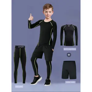 3pcs Boys' Quick-Dry Athletic Set - Compression Long Sleeve Top, Tight-Fit Pants & Shorts Training| -Elastic multi- (Running, Cycling,)|   Fall Outfit|   Machine Washable Compression Suit, Perfect Outdoor