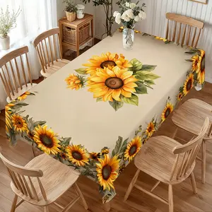 1pc Yellow Sunflower Print Tablecloth| Polyester, Machine Washable, Lace Trim Design, Suitable for Indoor and Outdoor Decor, Versatile for Parties and Holidays