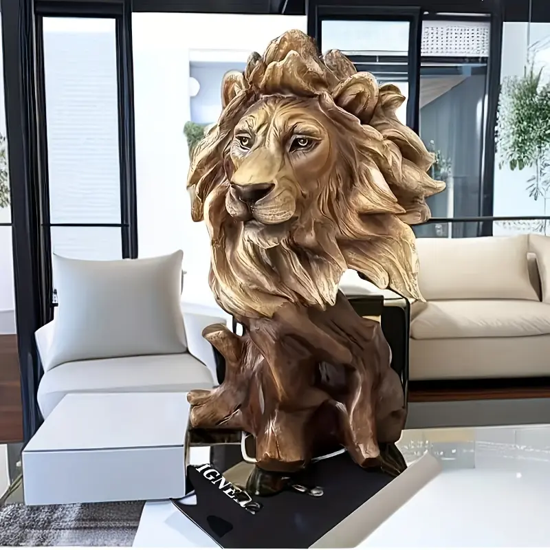 Brown Resin Lion Head Statue - Sophisticated Home Decor Figurine for Living Room, Office - No Electricity, Featherless Versatile Ornament