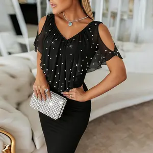 ChicMe Women's V-Neck Cold Shoulder Slit Back Party Dress Casual Rhinestone & Pearls Decor Wedding Guest Asymmetrical Ruffle Chiffon Cape Design Faux Two-Piece Wedding Dress