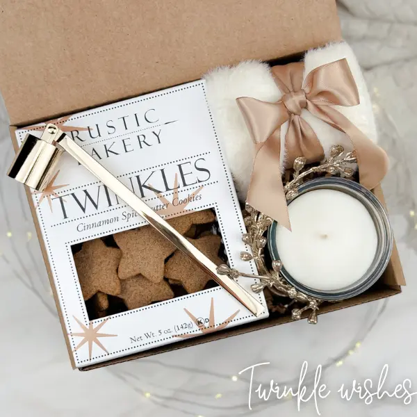 Twinkle Wishes Holiday Gift Box – Candle, Cozy Socks, Gourmet Cookies & Wick Trimmer | Christmas Gift Basket, Winter Care Package, Corporate Employee Gift, Teacher Appreciation, Birthday Present for Women, Men, Friends, Staff, Colleagues