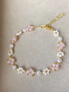 Women's Handmade Beaded Bracelet, Pearl Imitation Flower Design, Casual Elegant Jewelry Accessory for Women & Girls, Elegant Bangle