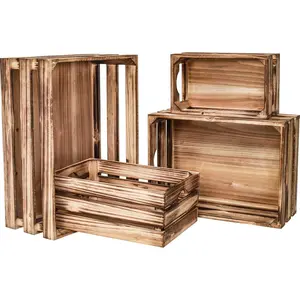 Set of 4 Large Torched Wood Decorative Crates, Nesting Wooden Crates for Display, Farmhouse Wooden Container Boxes Made from% Wood