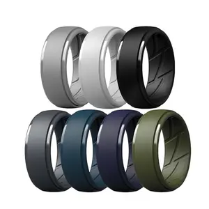 7Pack Silicone Rings for Men Alternative Step Edge Engagement Wedding Band Non-Slip Inner Texture Stackable Comfort Fit Ring for Workout Travel Safe Metal-Free