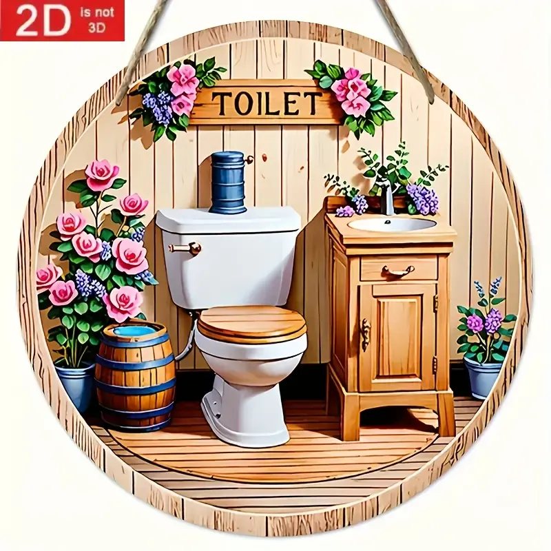 2D Flat - 2D Vintage Country Bathroom Sign - Round Wooden Wall Decor Featuring a Toilet Illustration,  Perfect for Home, Café, And Club Bathroom Art, Bathroom Wall Decoration | Elegant Foreign Art | Vibrant Floral Design