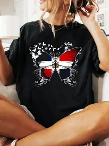 Dominican Republic Flag Shirt Butterfly Graphic T Shirt T-Shirt Print T-Shirt Casual Crew Neck Short Sleeve Comfort Tee Top For Spring & Summer Women's Clothing
