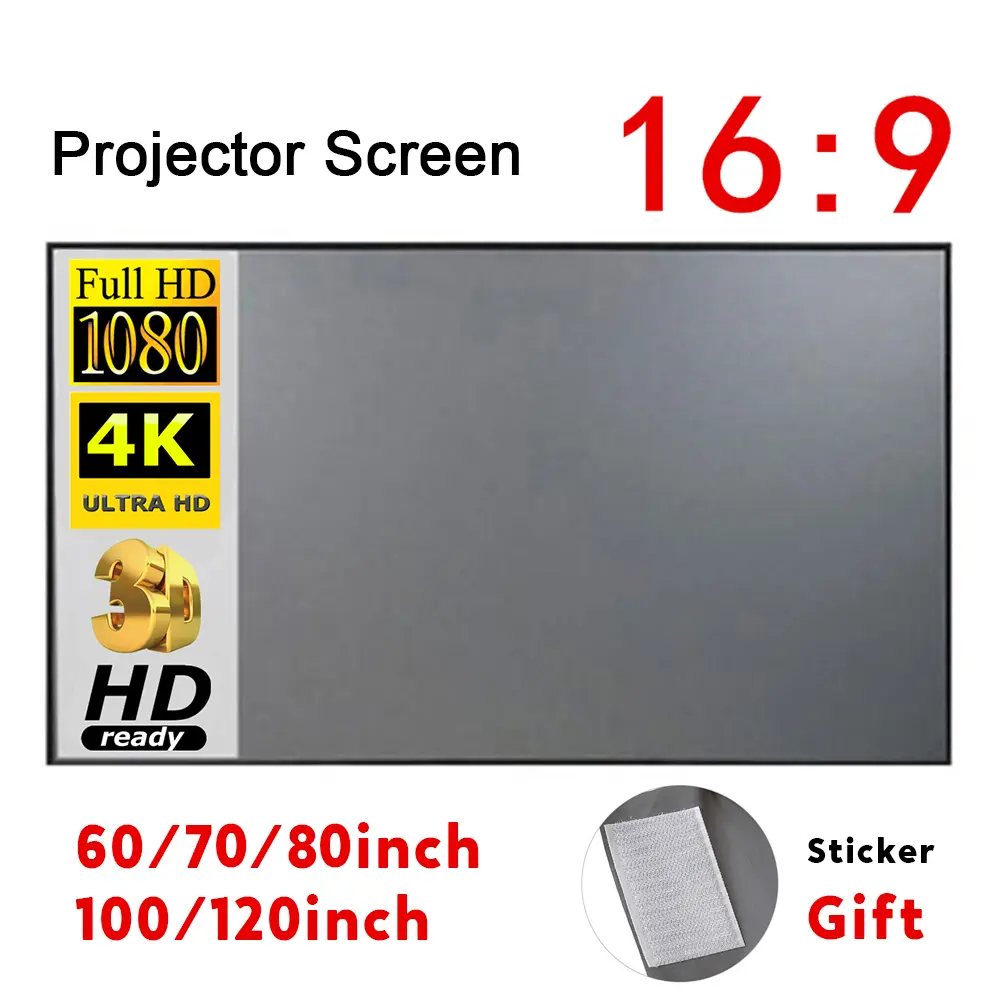 Portable Foldable Anti-Light Projector Screen Curtain, 60-inch/70-inch/80-inch/100-inch/120-inch, 156g/212g/280g/430g, for Home & Office Use