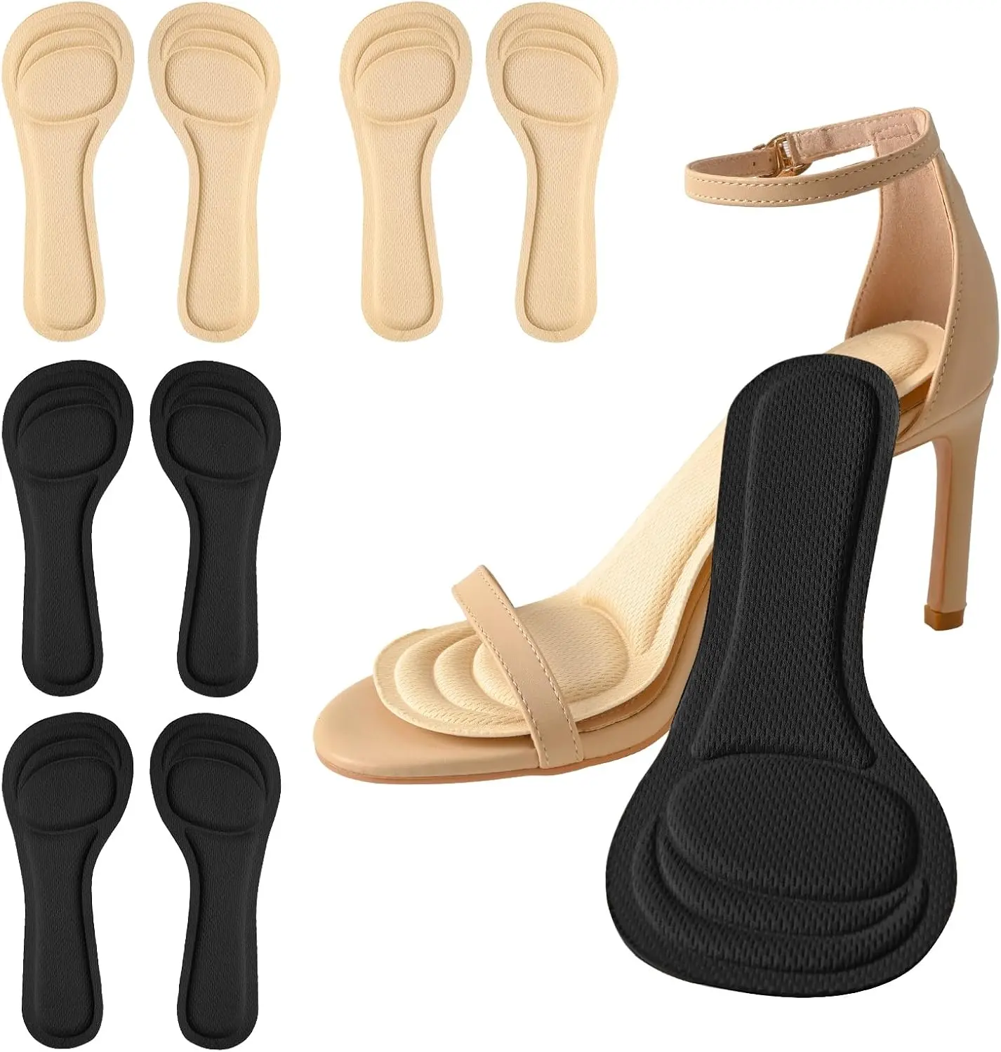 4 Pairs High Heel Inserts Women, 3/4 Length Women Thin Shoe Insoles for High Heels, Pumps, Open Toes, Flats, and Sandals, Cushion for Heel and Ball of The Foot, Shock Absorption (Black+Beige), Foam, Footwear Foot Cushioning Foot Pain Relief, Mesh