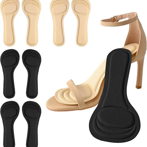 Women's 4-Pair 3/4 Length Thin Foam High Heel Inserts - Mesh Design, Heel & Ball Cushion, Foot Cushioning, Anti-Slip, Shock Absorption, EU 35-40, Black+Beige Insoles & Liners for All Seasons Pumps