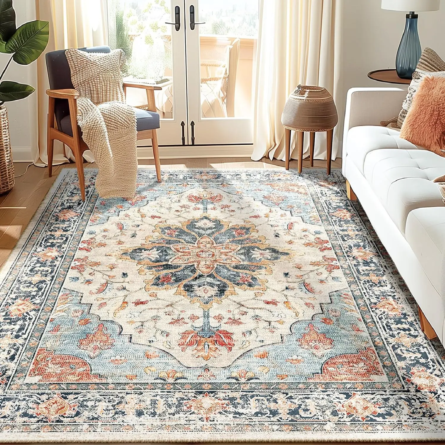 Vintage Large Area Rug for Living Room Non-Slip Backing Washable Rugs Stain Resistant Home Decor Rug Foldable Indoor