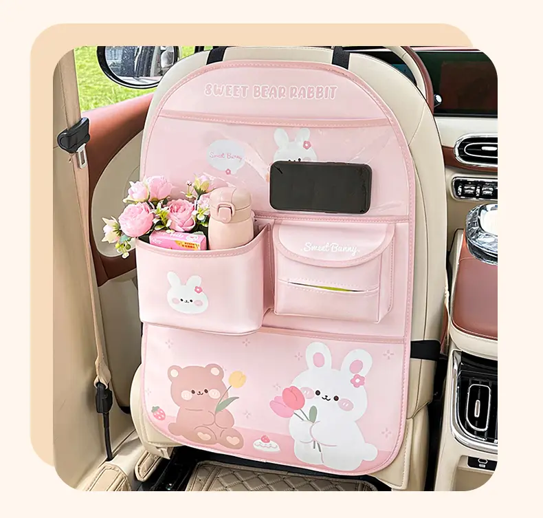 Blue Rain Pink Car Backseat Organizer for Moms & Kids, PU Leather Seat Back Storage Bag with Waterproof Kick Protector, Cute Multi Pocket Car Interior Accessory for Family Travel, Car Stuff, Cars Accessories