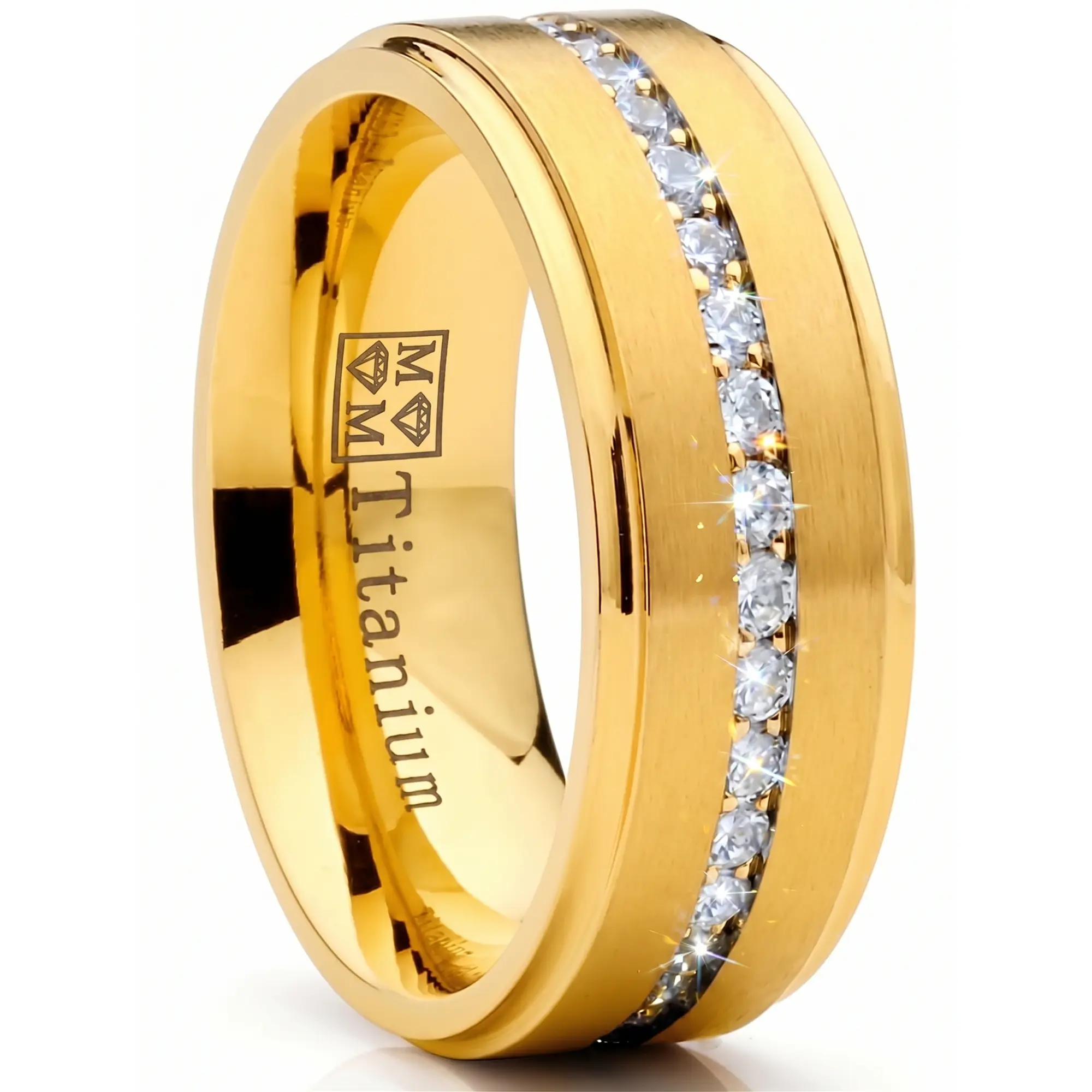 Men's 1.5 Ct Channel Titanium Wedding Band - 8MM Goldtone Artificial Zircon Ring, Jewelry, Men's Jewelry, Mens Gifts