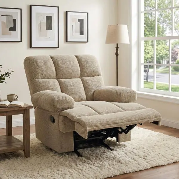 Oversized Manual Rocker Recliner Chair, Extra Wide Overstuffed Plush Fabric Reclining Chair, Heavy Duty Metal Frame Comfy Rocking Chair for Living Room Bedroom-Camel