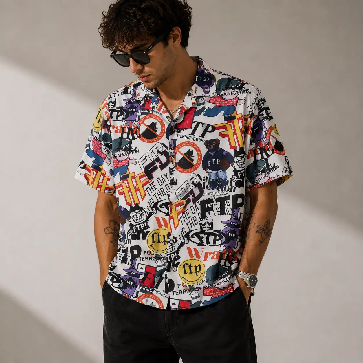 FTP Mens Graffiti Graphic Hawaiian Button Up Shirt Street Art Print Casual Camp Collar Beach Vacation Summer Short Sleeve
